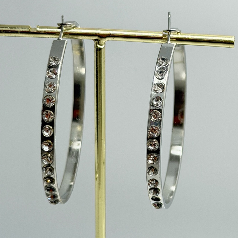 925 Sterling Silver needle Crystal Hoop Earrings with Clear Stones - For sale!